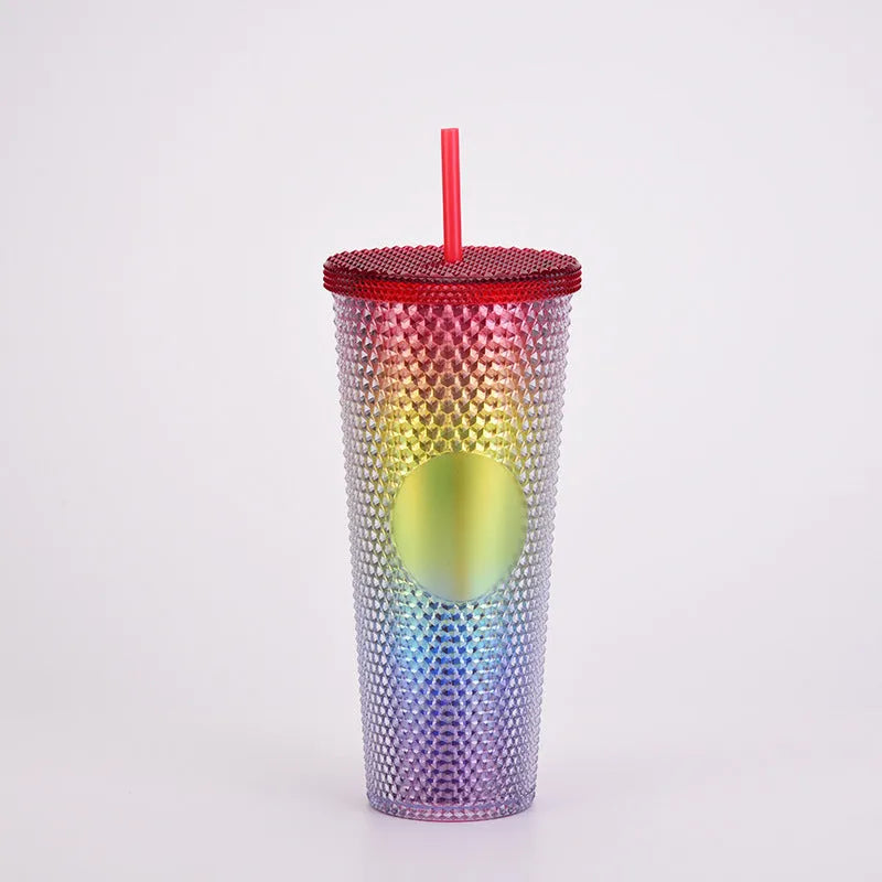 Double Studded Plastic Straw Cup Large Capacity Creative 710ml Durian Cup Portable Diamond Cup - Bellarte Enchanté Double Studded Plastic Straw Cup Large Capacity Creative 710ml Durian Cup Portable Diamond Cup